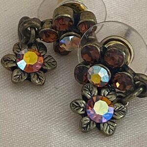 Vintage flower stud drop earrings featuring Aurora Borealis rhinestones